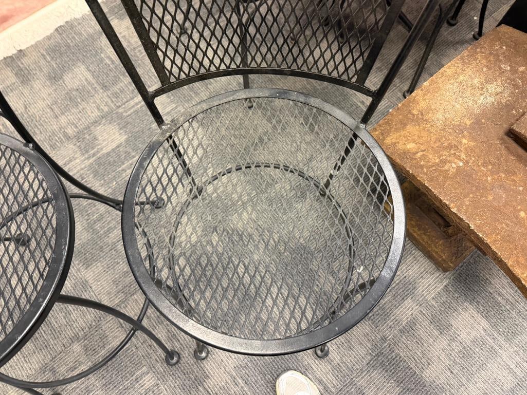 PAIR OF BLACK METAL MESH ROUND OUTDOOR / PATIO PUB HEIGHT CHAIRS WITH FLORAL DESIGN BACK - 6