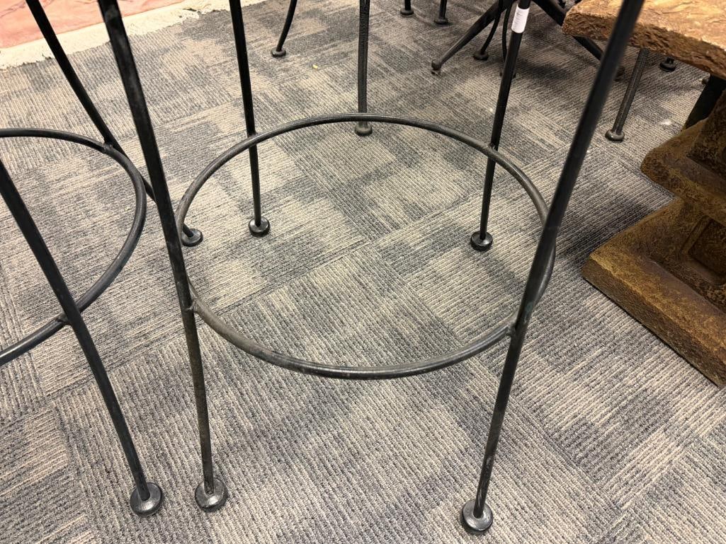 PAIR OF BLACK METAL MESH ROUND OUTDOOR / PATIO PUB HEIGHT CHAIRS WITH FLORAL DESIGN BACK - 7