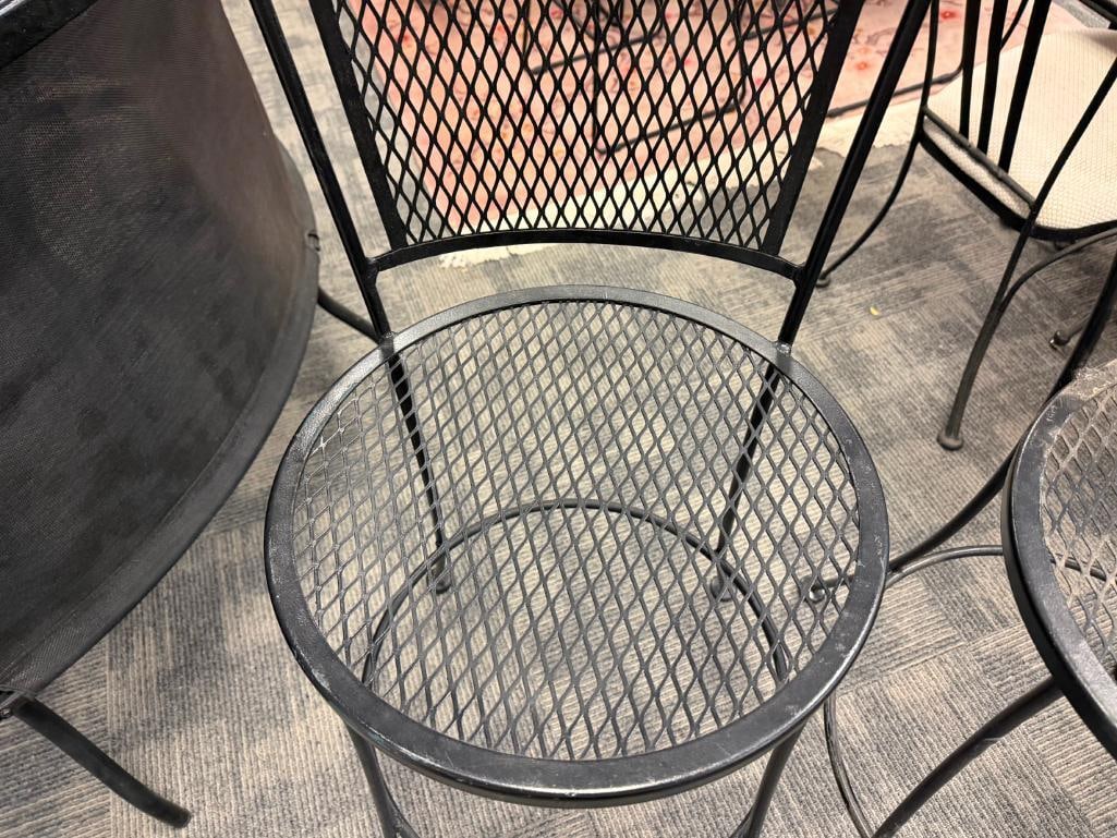 PAIR OF BLACK METAL MESH ROUND OUTDOOR / PATIO PUB HEIGHT CHAIRS WITH FLORAL DESIGN BACK - 9