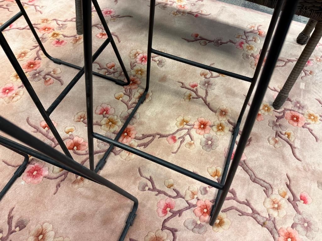 SET OF THREE OUTDOOR / INDOOR METAL AND WOOD ROUND PUB HEIGHT STOOLS - 10