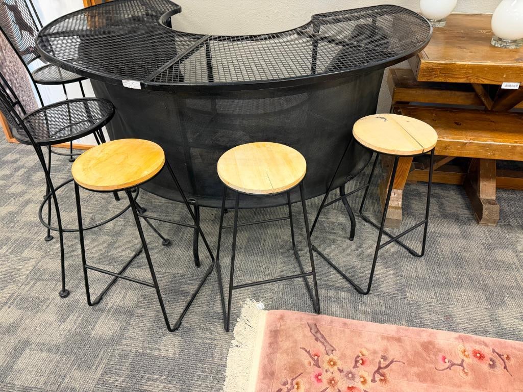 SET OF THREE OUTDOOR / INDOOR METAL AND WOOD ROUND PUB HEIGHT STOOLS - 11
