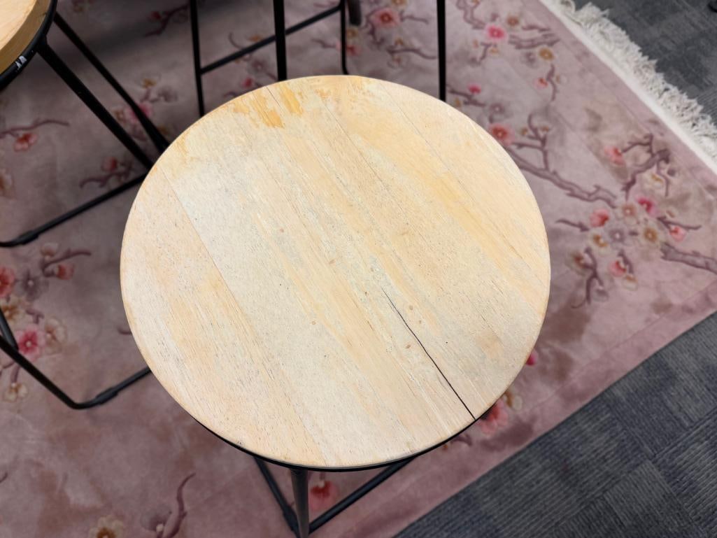 SET OF THREE OUTDOOR / INDOOR METAL AND WOOD ROUND PUB HEIGHT STOOLS - 5
