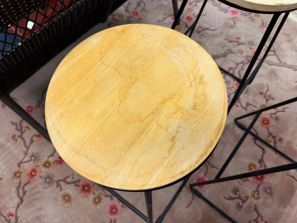 SET OF THREE OUTDOOR / INDOOR METAL AND WOOD ROUND PUB HEIGHT STOOLS - 6