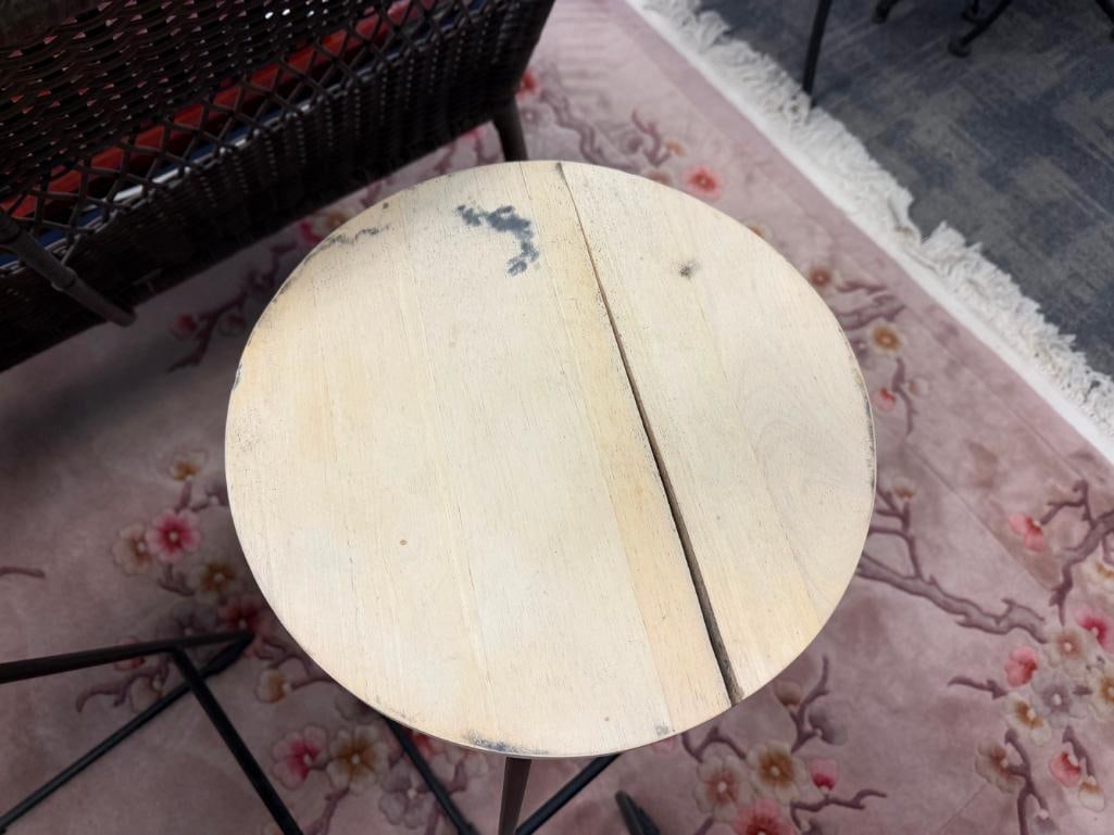 SET OF THREE OUTDOOR / INDOOR METAL AND WOOD ROUND PUB HEIGHT STOOLS - 7