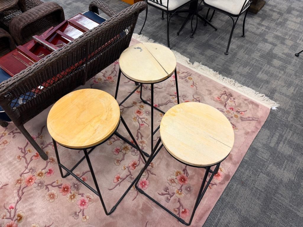 SET OF THREE OUTDOOR / INDOOR METAL AND WOOD ROUND PUB HEIGHT STOOLS - 9