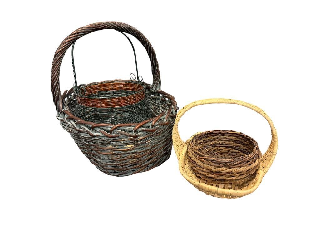 SIX ASSORTED METAL WIRE AND WICKER / TWIG WOVEN BASKETS ASSORTED STYLES AND SHAPES: GREAT FOR DECORATION, STORAGE, CRAFTS, ETC. 5" UP TO 18" 