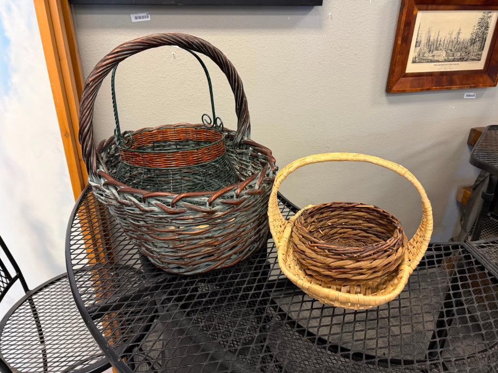 SIX ASSORTED METAL WIRE AND WICKER / TWIG WOVEN BASKETS ASSORTED STYLES AND SHAPES - 2