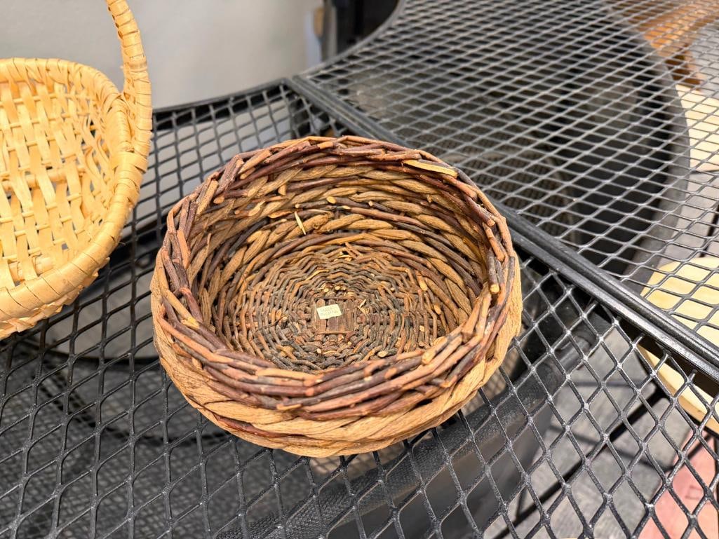 SIX ASSORTED METAL WIRE AND WICKER / TWIG WOVEN BASKETS ASSORTED STYLES AND SHAPES - 6