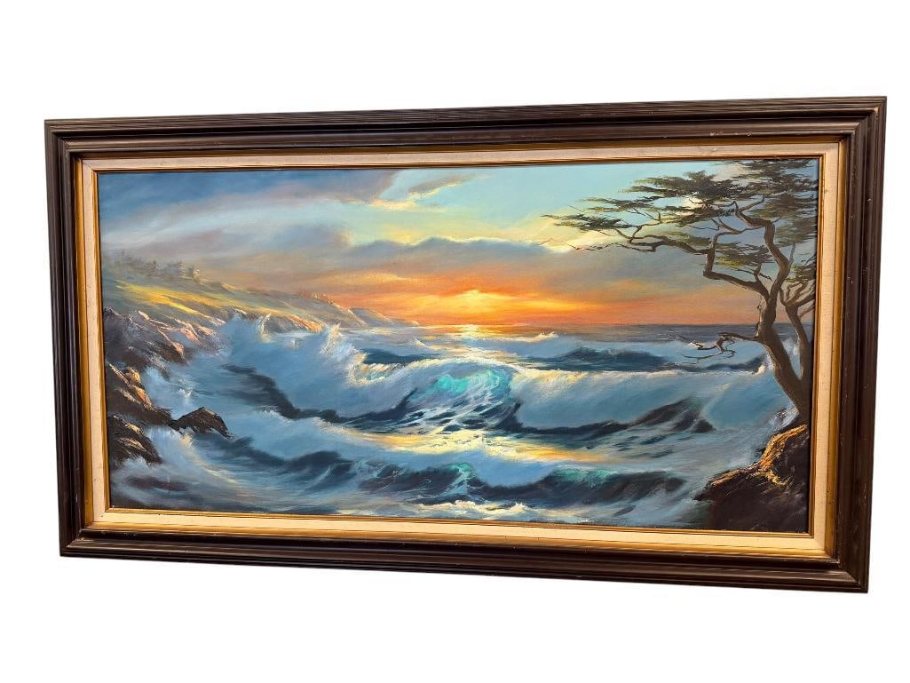 TROY CHAPMAN LARGE OIL ON CANVAS ORIGINAL PAINTINGON CANVAS SEASCAPE: LARGE SEASCAPE OF WAVES CRASHING ALONG SHORELINE WITH CYPRESS TREE AND SUNSET IN BACKGROUND, SIGNED LOWER LEFT, FRAMED 55" X 31" FRAME