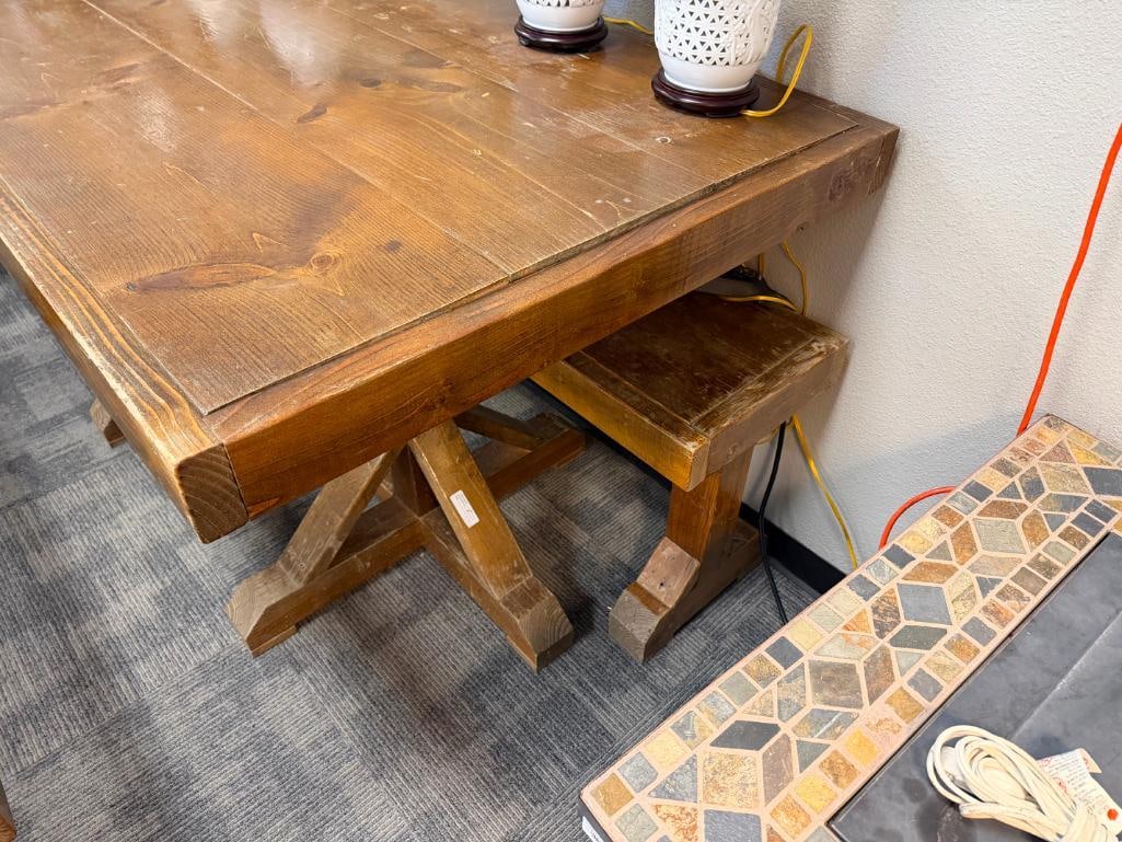 NEAR PUB HEIGHT FARMHOUSE STYLE KNOTTY PINE OUTDOOR / INDOOR PATIO TABLE WITH TWO BENCHES - 10