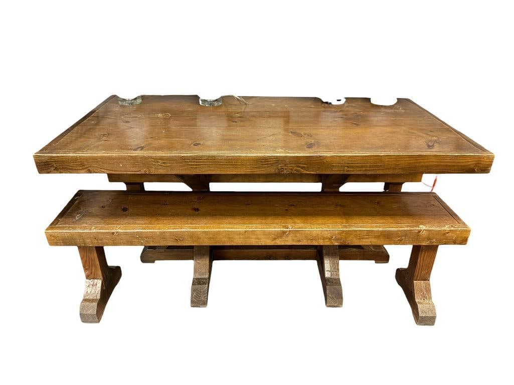 NEAR PUB HEIGHT FARMHOUSE STYLE KNOTTY PINE OUTDOOR / INDOOR PATIO TABLE WITH TWO BENCHES: LIGHTLY VARNISHED PINE TABLE SET, SLIGHT WEATHERING, AND SCRATCHES, STURDY SET 72" X 36" X 36" TABLE, 72" X 14" X 23" BENCHES