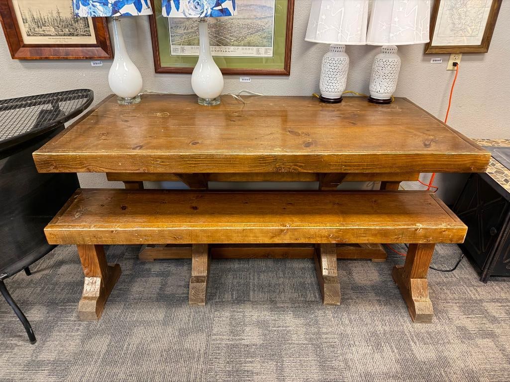 NEAR PUB HEIGHT FARMHOUSE STYLE KNOTTY PINE OUTDOOR / INDOOR PATIO TABLE WITH TWO BENCHES - 2
