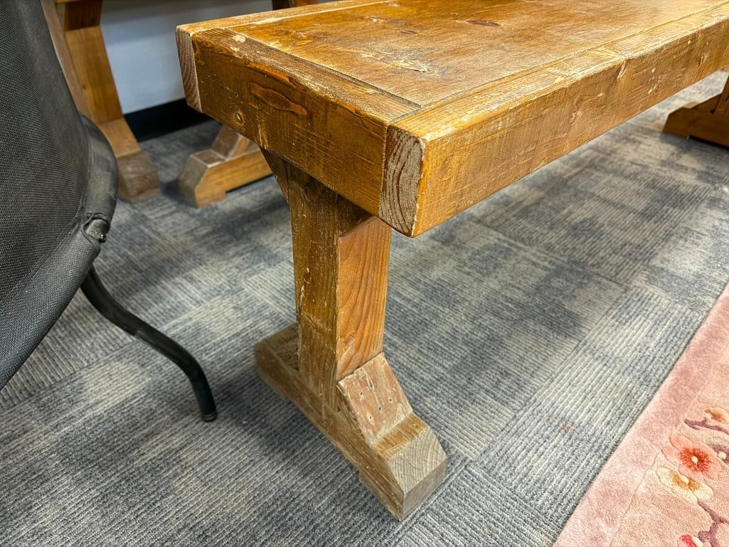 NEAR PUB HEIGHT FARMHOUSE STYLE KNOTTY PINE OUTDOOR / INDOOR PATIO TABLE WITH TWO BENCHES - 3