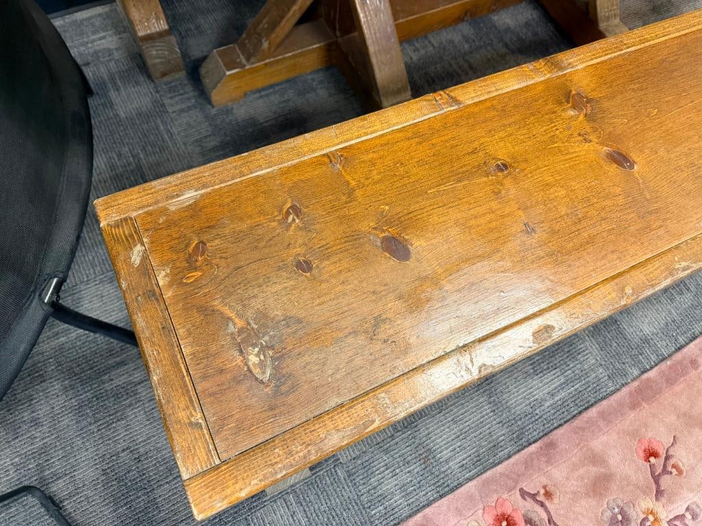NEAR PUB HEIGHT FARMHOUSE STYLE KNOTTY PINE OUTDOOR / INDOOR PATIO TABLE WITH TWO BENCHES - 4