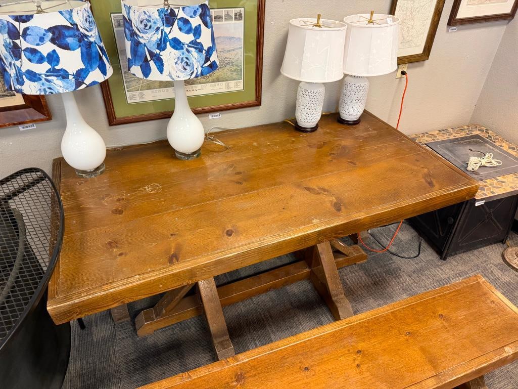 NEAR PUB HEIGHT FARMHOUSE STYLE KNOTTY PINE OUTDOOR / INDOOR PATIO TABLE WITH TWO BENCHES - 9