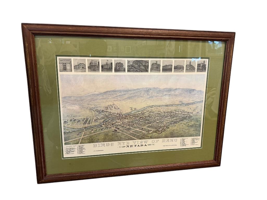H.S. CROCKER & CO. / C.C. PONING BIRDSEYE VIEW OF RENO, NV ILLUSTRATION / PRINT: PRINT DEPICTS VIEW OF RENO, NV WITH LIST OF PROMINENT BUILDINGS AND STREETS, WITH SMALLER ILLUSTRATIONS ALONG TOP EDGE, FRAMED 32" X 24" FRAME