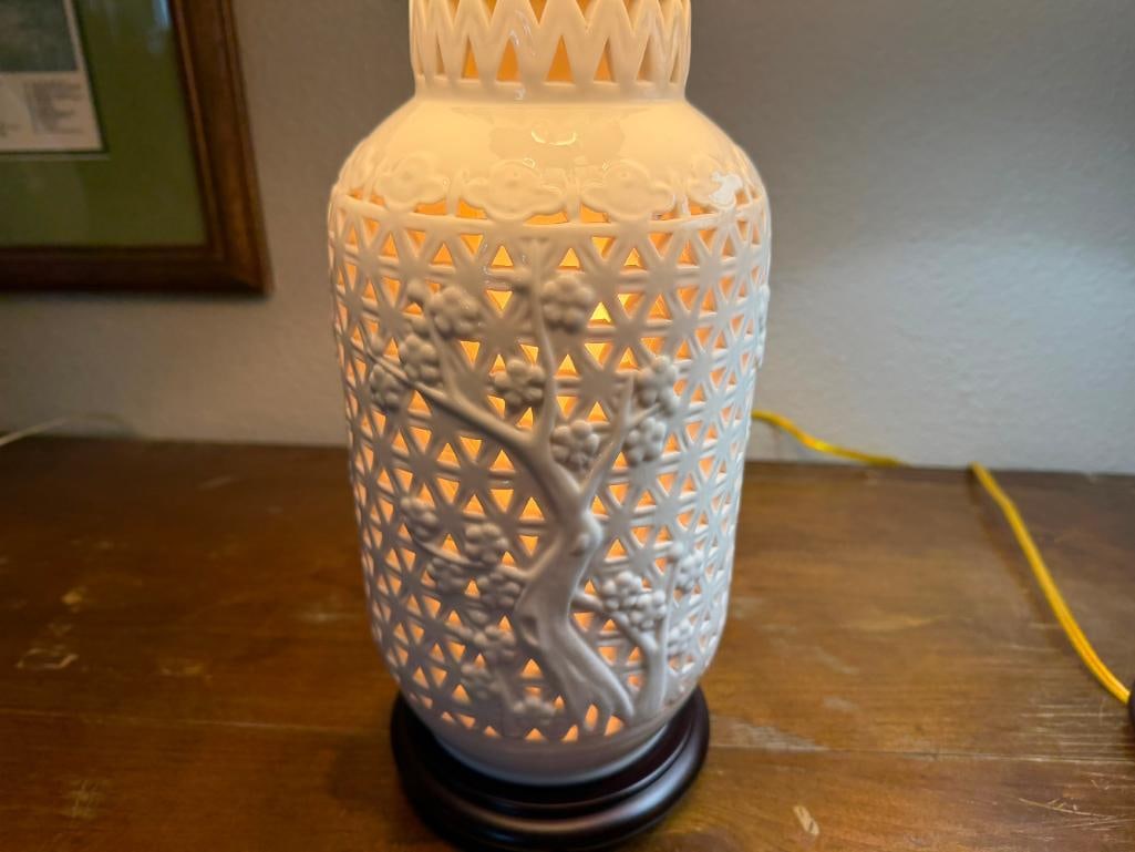 PAIR OF CHERRY BLOSSOM PIERCED CERAMIC ASIAN INSPIRED URN TABLE LAMPS WITH FABRIC SHADES - 10