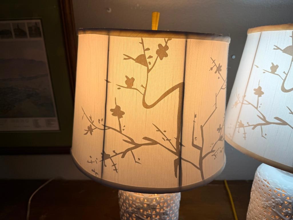 PAIR OF CHERRY BLOSSOM PIERCED CERAMIC ASIAN INSPIRED URN TABLE LAMPS WITH FABRIC SHADES - 11