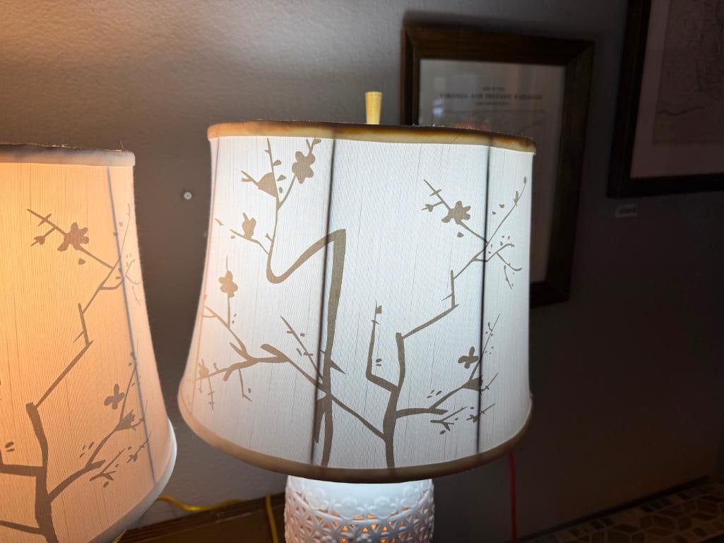 PAIR OF CHERRY BLOSSOM PIERCED CERAMIC ASIAN INSPIRED URN TABLE LAMPS WITH FABRIC SHADES - 12