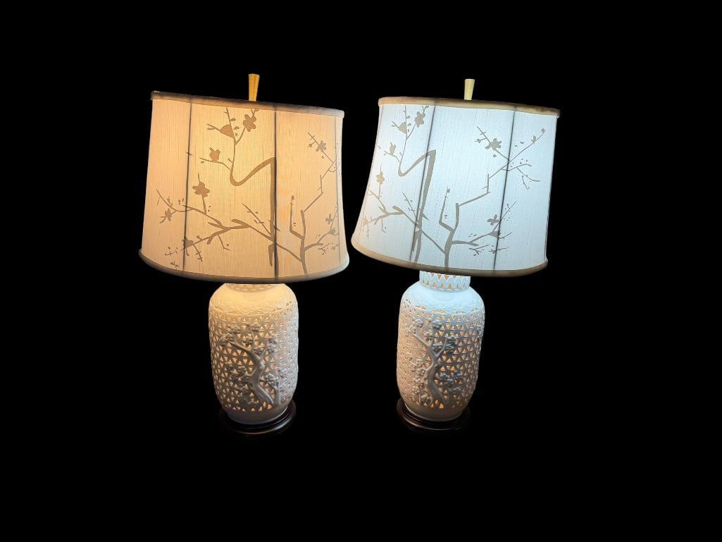 PAIR OF CHERRY BLOSSOM PIERCED CERAMIC ASIAN INSPIRED URN TABLE LAMPS WITH FABRIC SHADES: TESTED + 23" H