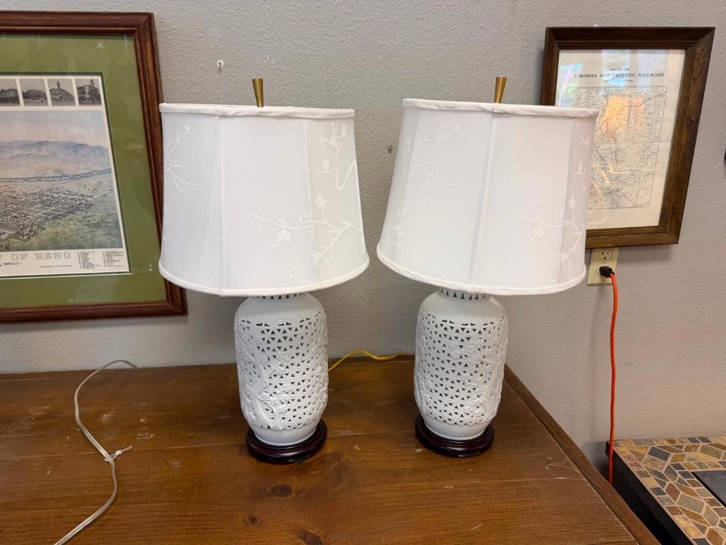 PAIR OF CHERRY BLOSSOM PIERCED CERAMIC ASIAN INSPIRED URN TABLE LAMPS WITH FABRIC SHADES - 2