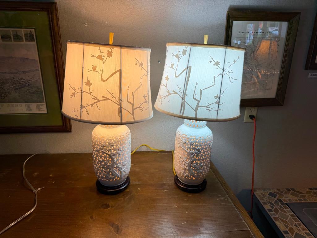 PAIR OF CHERRY BLOSSOM PIERCED CERAMIC ASIAN INSPIRED URN TABLE LAMPS WITH FABRIC SHADES - 8