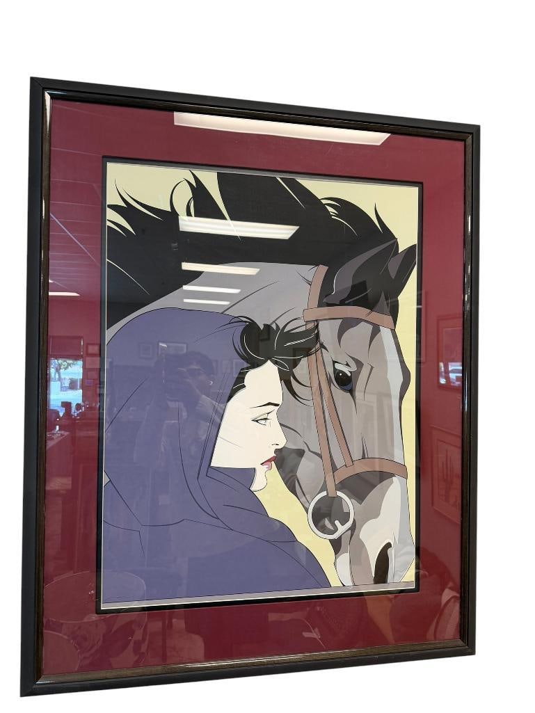 ROBERT NAGEL ART DECO STYLIZED LARGE PRINT TITLED UNTITLED #113 OF A WOMAN AND HORSE: EQUESTRIAN ART DECO PRINT IN PURPLE HUES, PLATE SIGNED LOWER LEFT, FRAMED 34" X 43" FRAME 