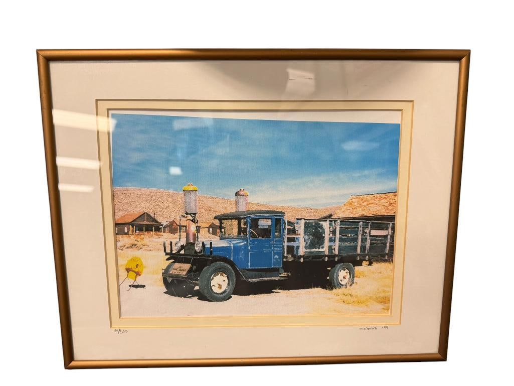 MINOMORA LIMITED EDITION PRINT OF A VINTAGE MACK STAKE TRUCK NO. 30/300: 14" X 11" FRAME
