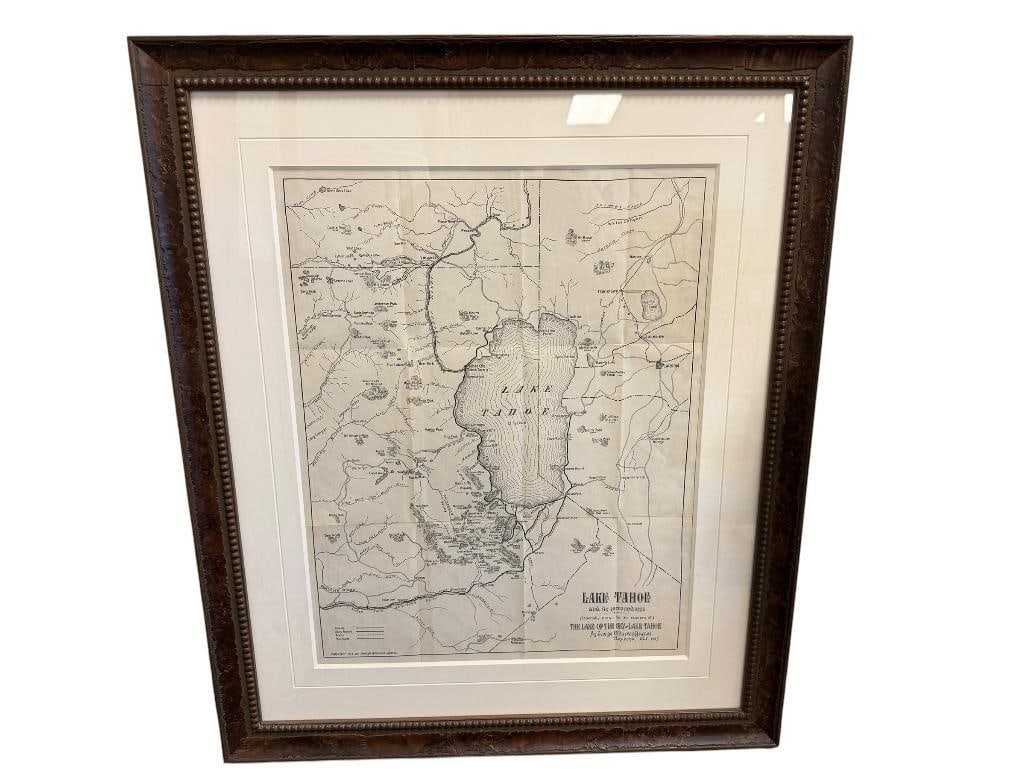 GEORGE WHARTON JAMES PRINT OF ADRAWING OF LAKE TAHOE AND ITS SURROUNDINGS: 22 1/2" X 27" FRAME