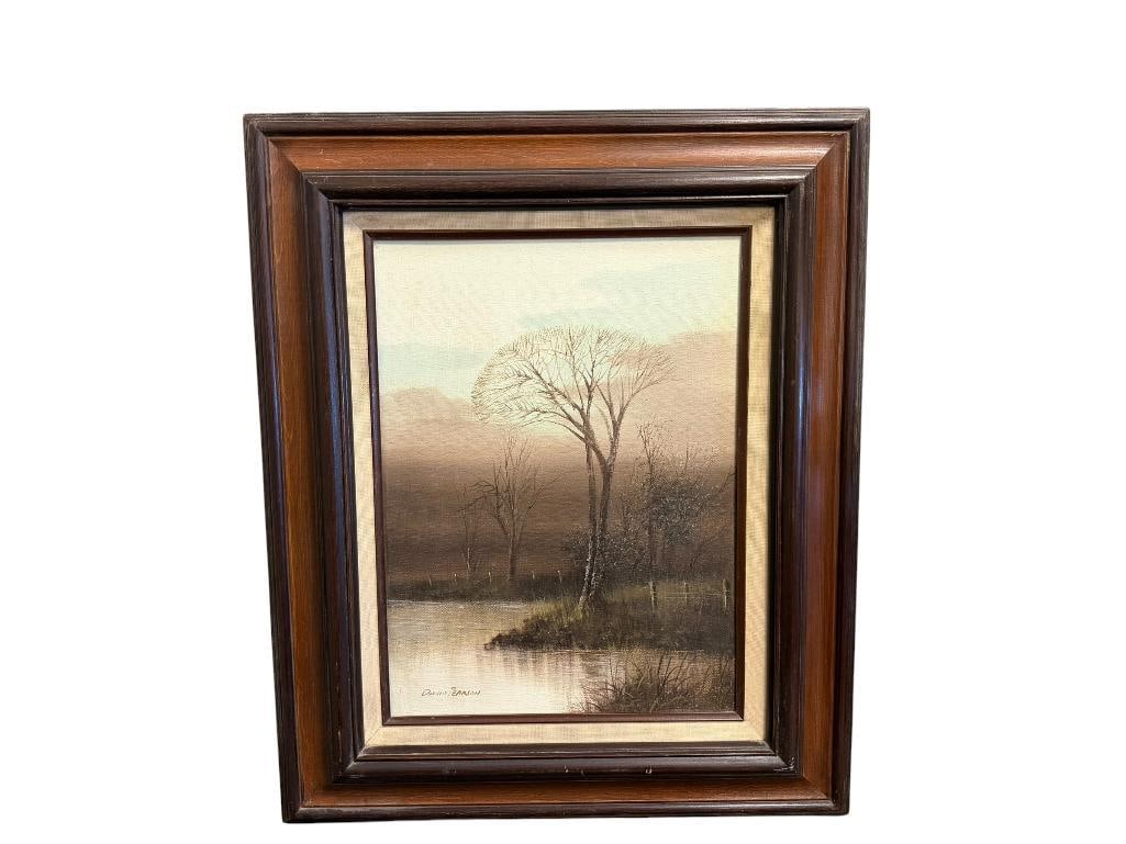 DAVID PEARSON ORIGINAL OIL ON CANVAS MOODY LANDSCAPE PAINTING: SIGNED LOWER LEFT, FRAMED 19" X 23" FRAME