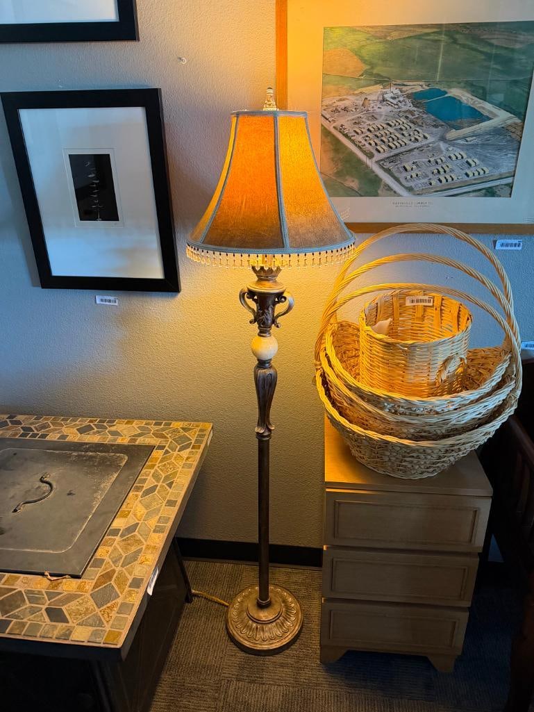 VINTAGE ART DECO STYLED FLOOR LAMP SILVER DISTRESSED FINISH WITH CENTRAL STONE - 12