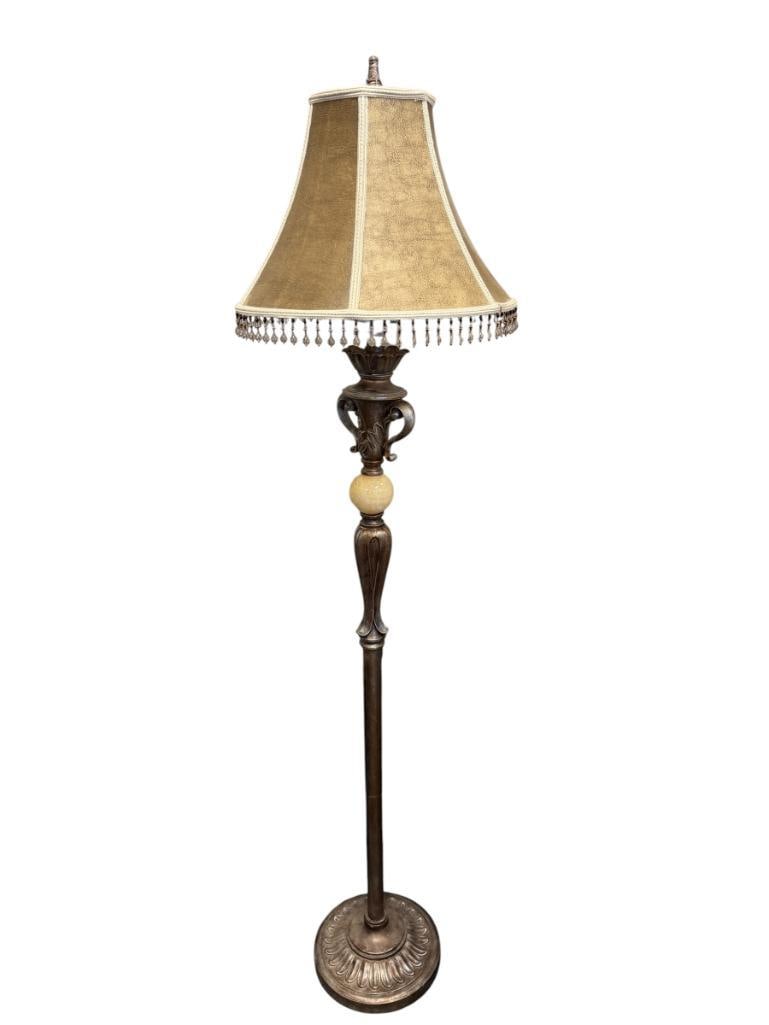 VINTAGE ART DECO STYLED FLOOR LAMP SILVER DISTRESSED FINISH WITH CENTRAL STONE - 15