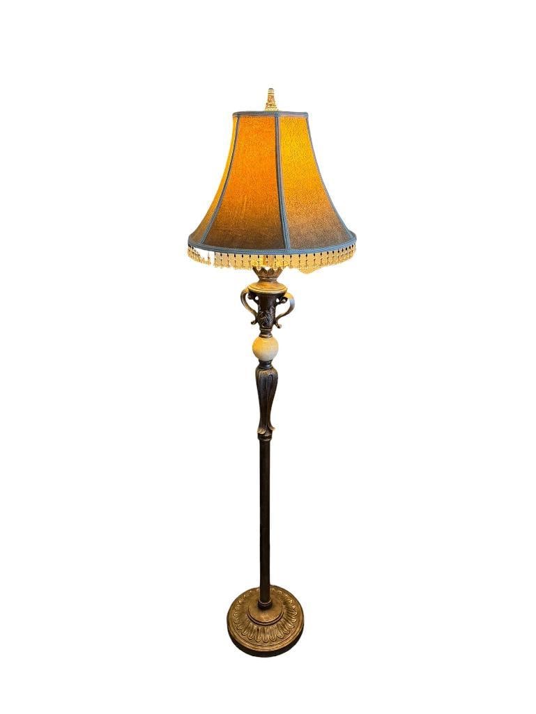 VINTAGE ART DECO STYLED FLOOR LAMP SILVER DISTRESSED FINISH WITH CENTRAL STONE: INCLUDES FAUX PEBBLED LEATHER SHADE WITH BEADED FRINGE, TESTED + 60" H