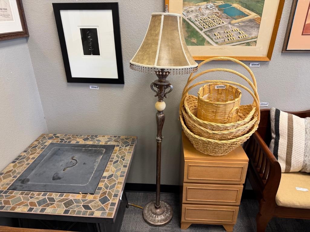 VINTAGE ART DECO STYLED FLOOR LAMP SILVER DISTRESSED FINISH WITH CENTRAL STONE - 2