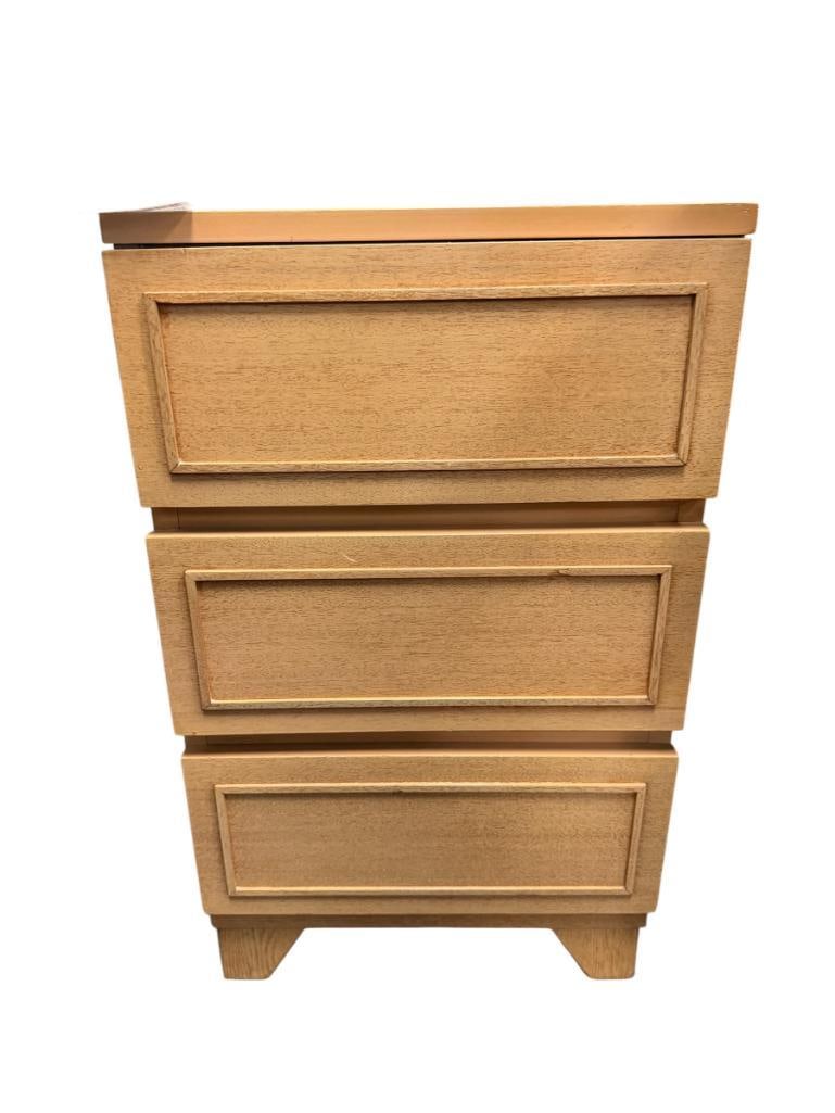 AMBER TONE MAHOGANY THREE DRAWER BED SIDE TABLE - 12
