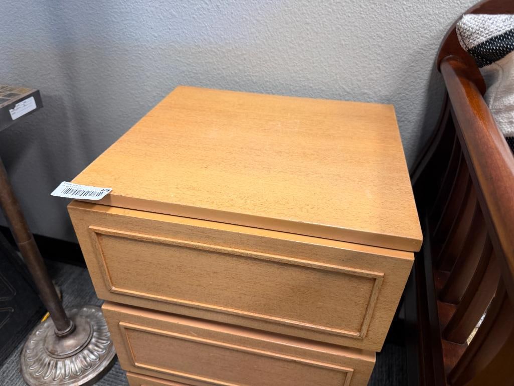 AMBER TONE MAHOGANY THREE DRAWER BED SIDE TABLE - 13