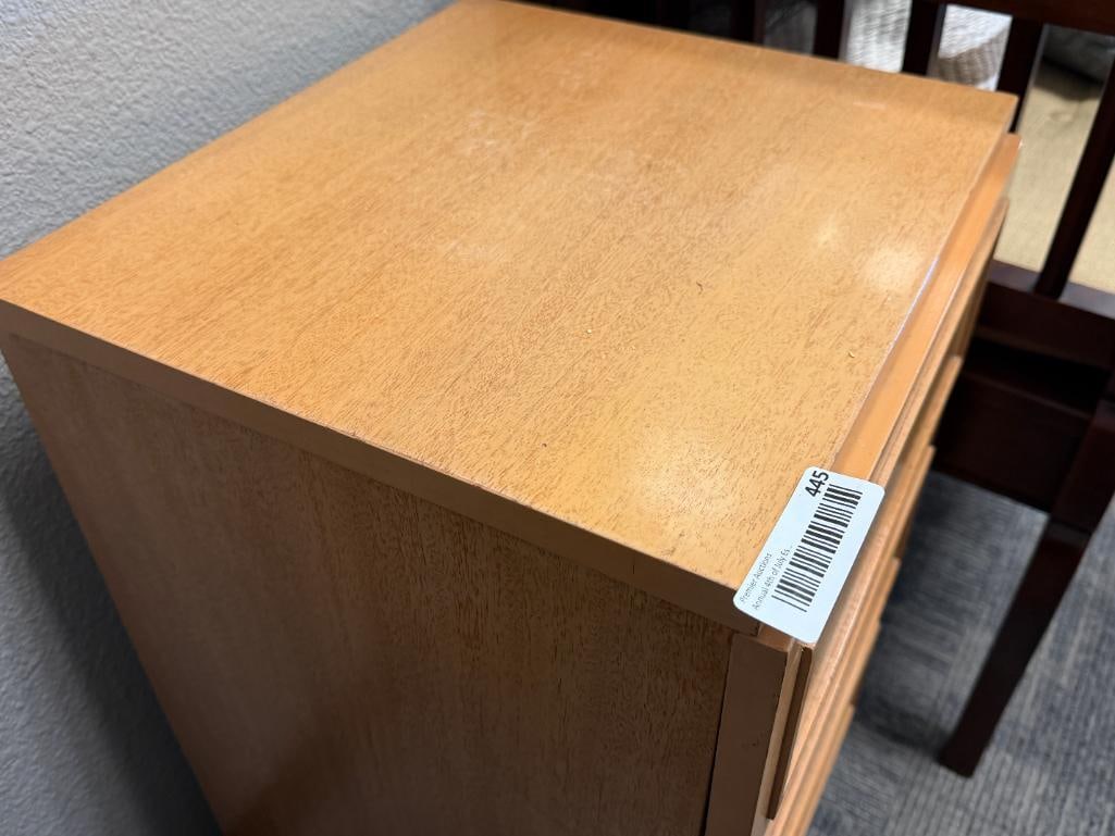 AMBER TONE MAHOGANY THREE DRAWER BED SIDE TABLE - 14