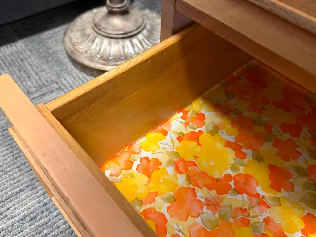 AMBER TONE MAHOGANY THREE DRAWER BED SIDE TABLE - 16