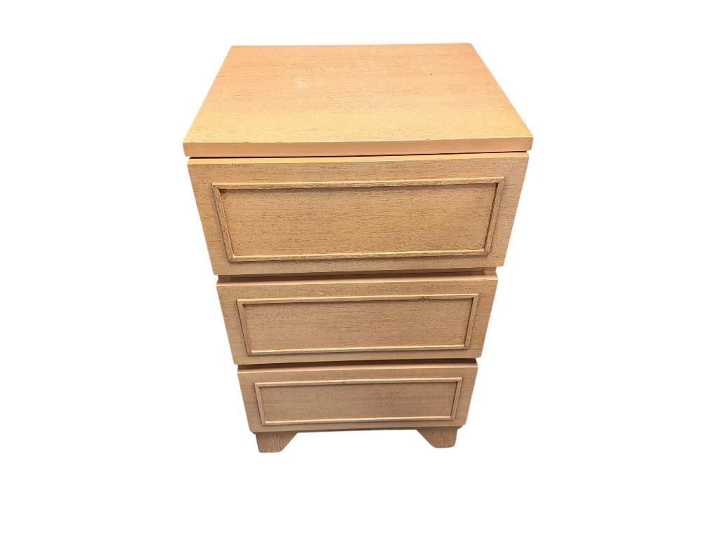 AMBER TONE MAHOGANY THREE DRAWER BED SIDE TABLE (1 of 17)