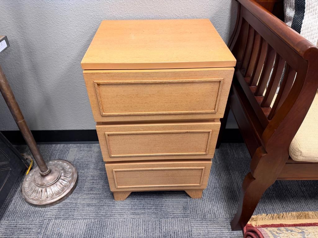 AMBER TONE MAHOGANY THREE DRAWER BED SIDE TABLE - 2