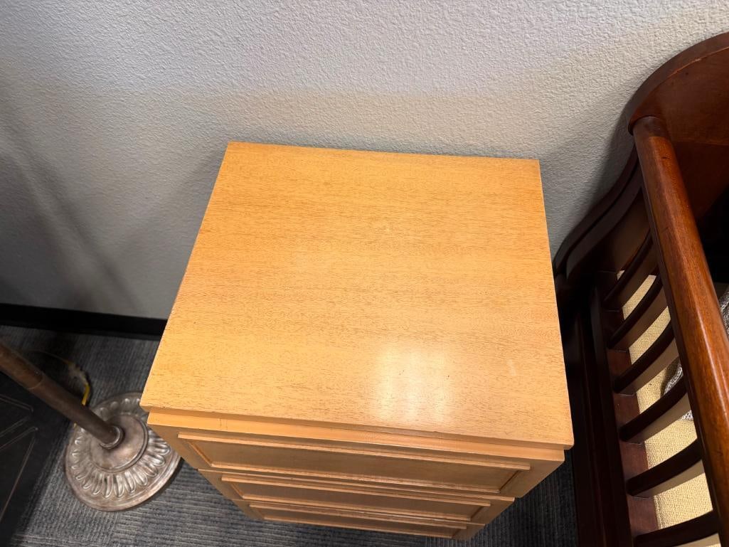 AMBER TONE MAHOGANY THREE DRAWER BED SIDE TABLE - 3