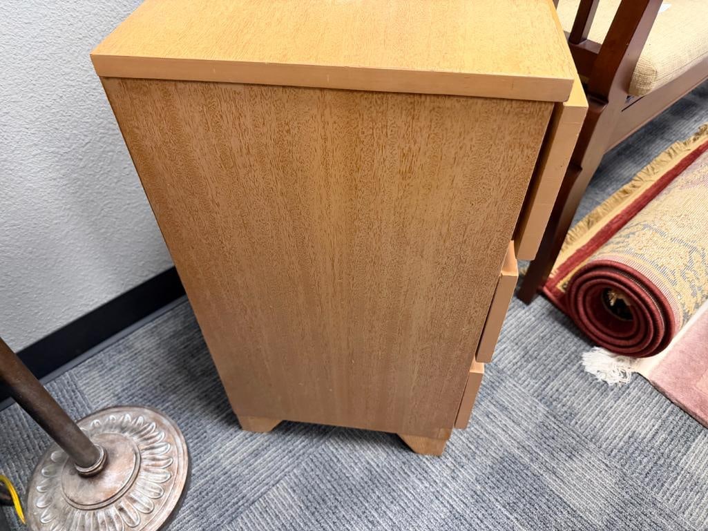 AMBER TONE MAHOGANY THREE DRAWER BED SIDE TABLE - 4