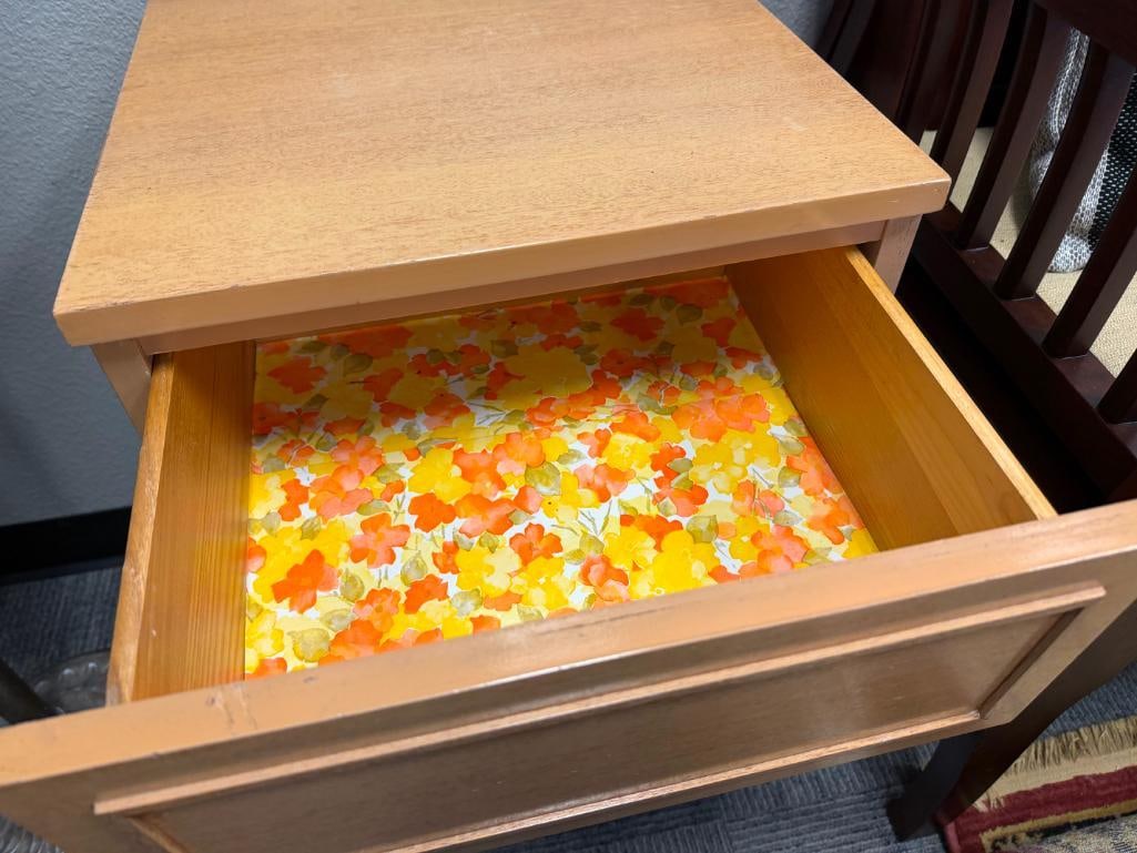 AMBER TONE MAHOGANY THREE DRAWER BED SIDE TABLE - 6