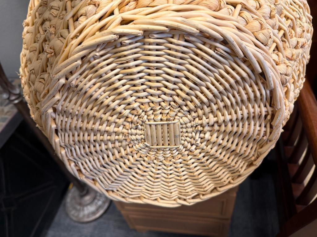 FOUR WICKER BASKETS, THREE WITH ELONGATED HANDLES, ONE IS WASTE BASKET - 11