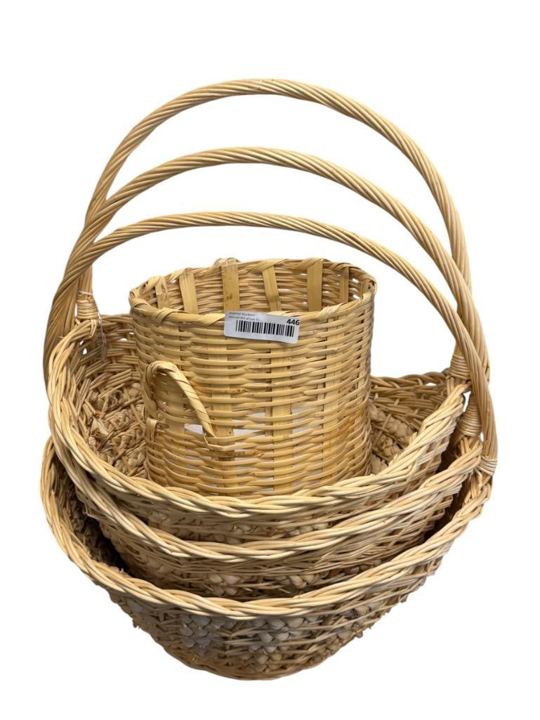 FOUR WICKER BASKETS, THREE WITH ELONGATED HANDLES, ONE IS WASTE BASKET - 12