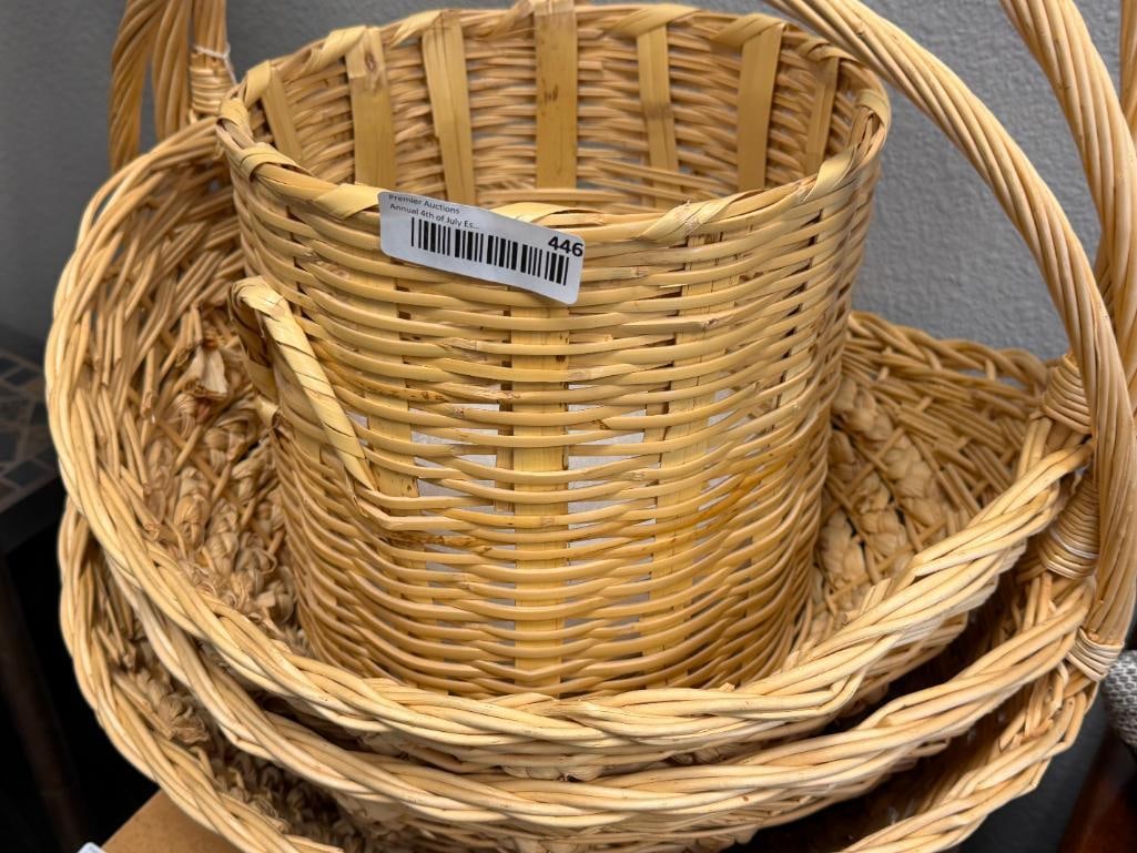 FOUR WICKER BASKETS, THREE WITH ELONGATED HANDLES, ONE IS WASTE BASKET - 13