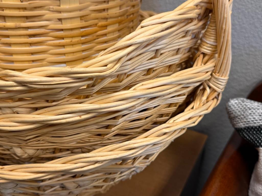 FOUR WICKER BASKETS, THREE WITH ELONGATED HANDLES, ONE IS WASTE BASKET - 14