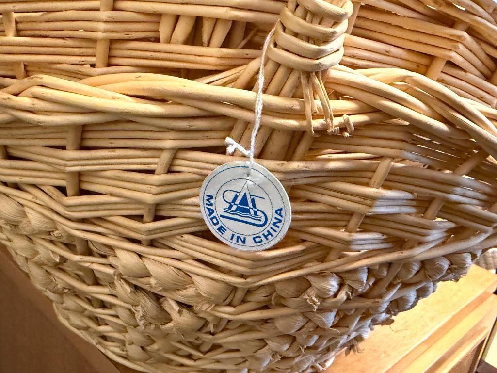 FOUR WICKER BASKETS, THREE WITH ELONGATED HANDLES, ONE IS WASTE BASKET - 18