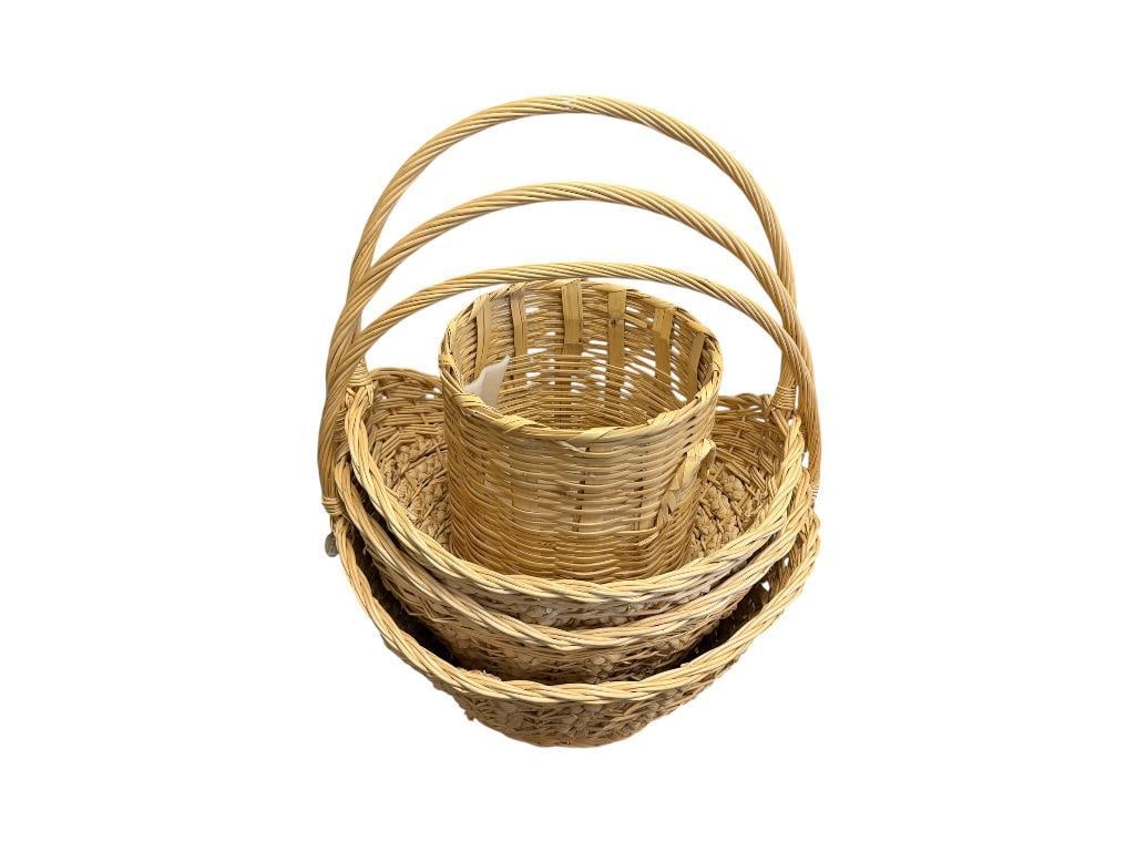 FOUR WICKER BASKETS, THREE WITH ELONGATED HANDLES, ONE IS WASTE BASKET (1 of 18)
