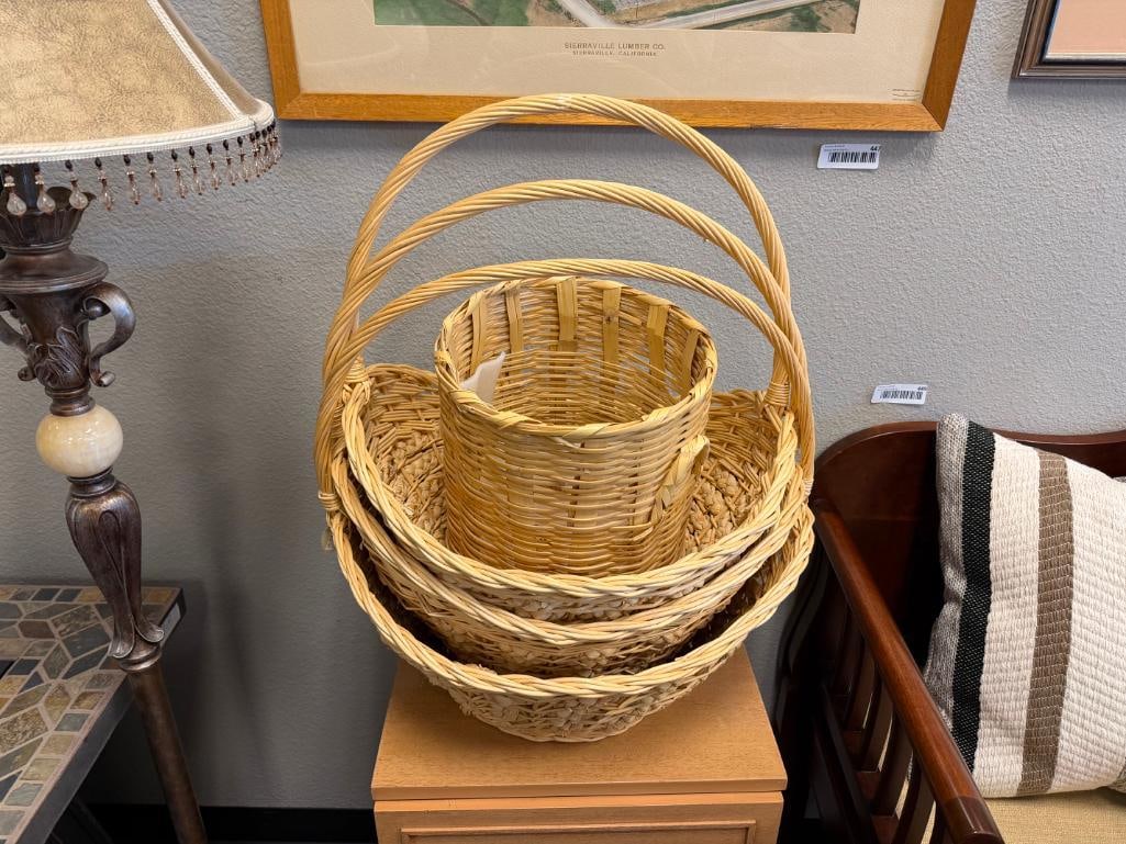 FOUR WICKER BASKETS, THREE WITH ELONGATED HANDLES, ONE IS WASTE BASKET - 2